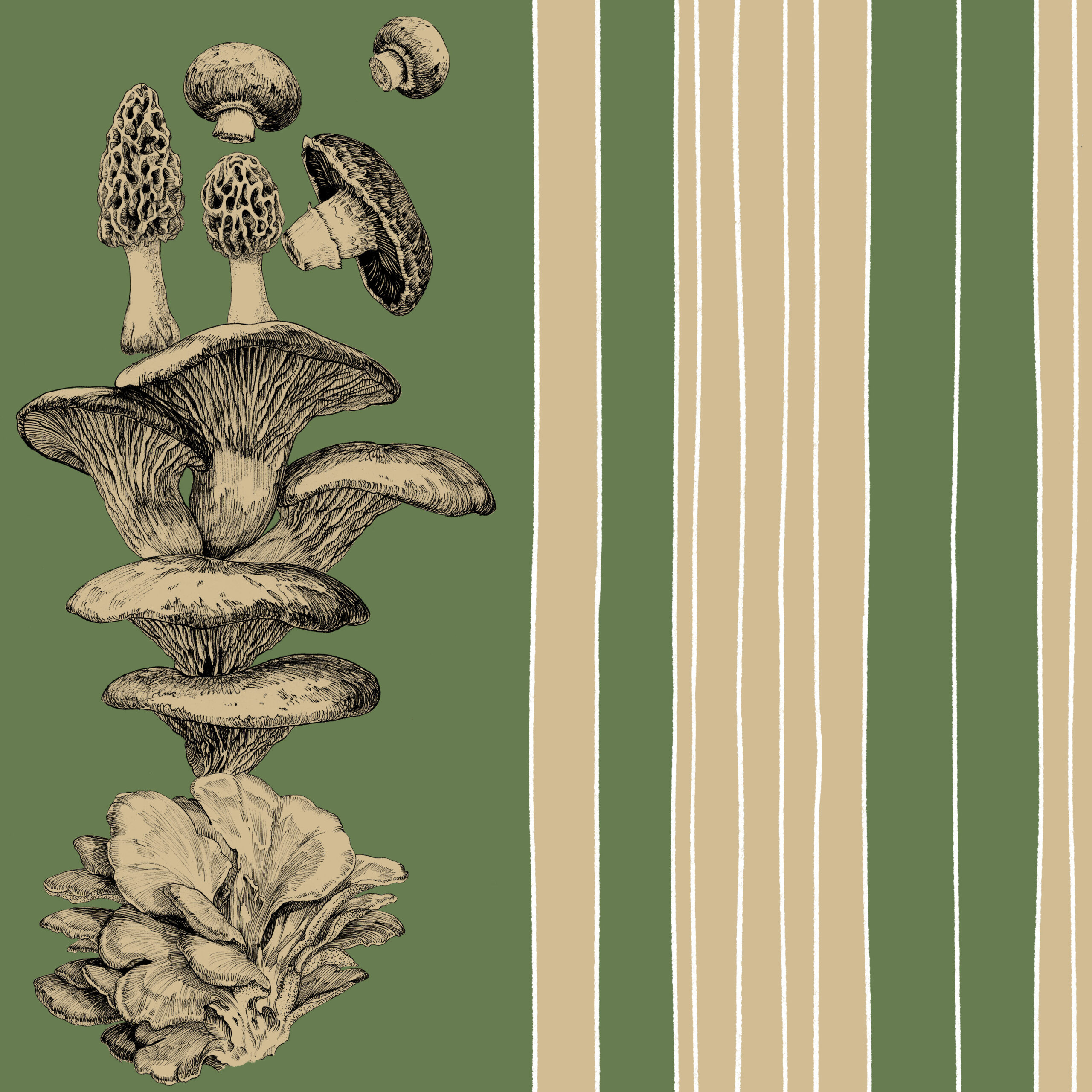 beautiful green stripes with hand drawn mushrooms
